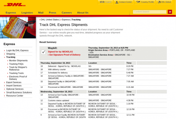 tracking a DHL express order package