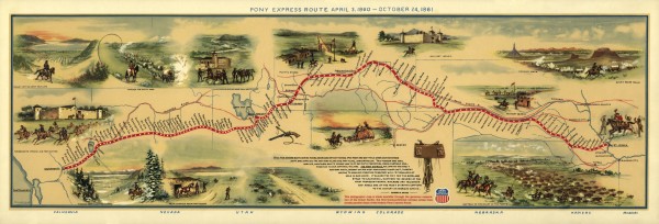 old map of the initial route of the Pony Express delivery service