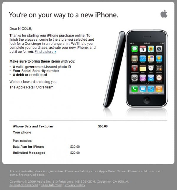 order initiation confirmation message on Apple Store, for iPhone 3GS