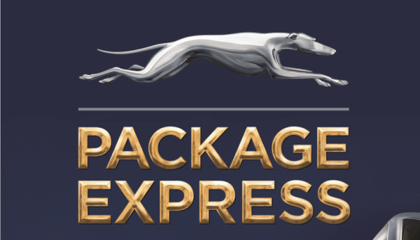 iconic silver hound logo of Greyhound package express