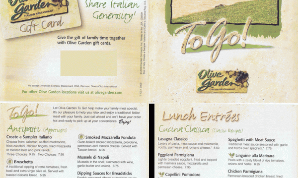 Olive Garden Italian food takeout menu
