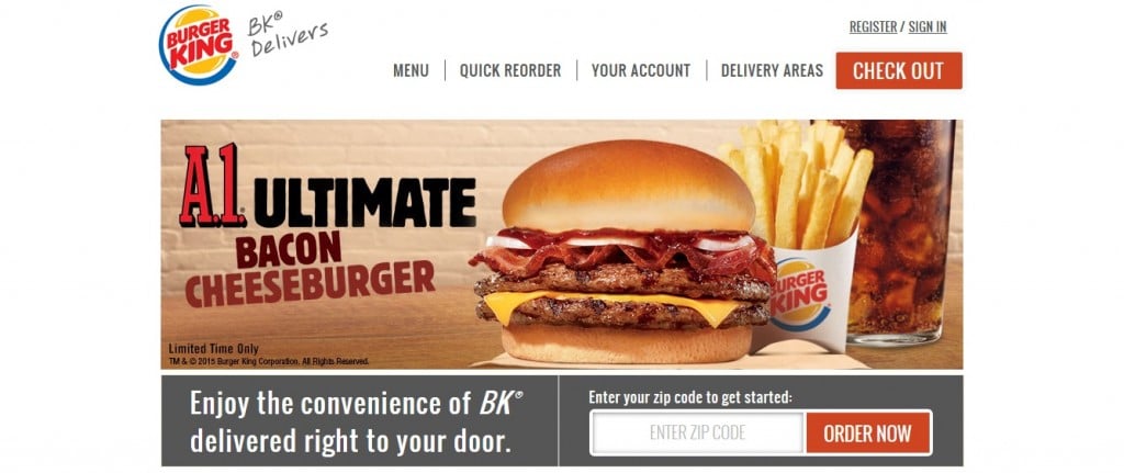website screenshot from BKDelivers.com, the Burger King online food ordering portal