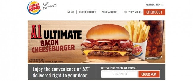 website screenshot from BKDelivers.com, the Burger King online food ordering portal