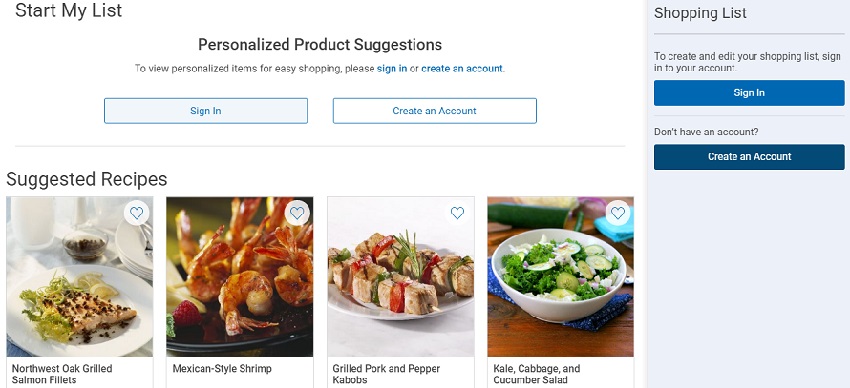 Kroger website start my list option and some recommended recipes 