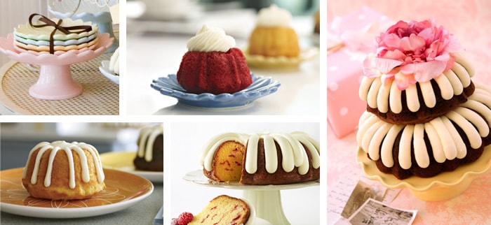 different types and flavors of bundt cakes placed on cake supports or tables