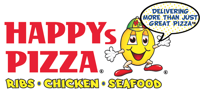 happys pizza logo saying ribs chicken seafood, delivering more than just great pizza
